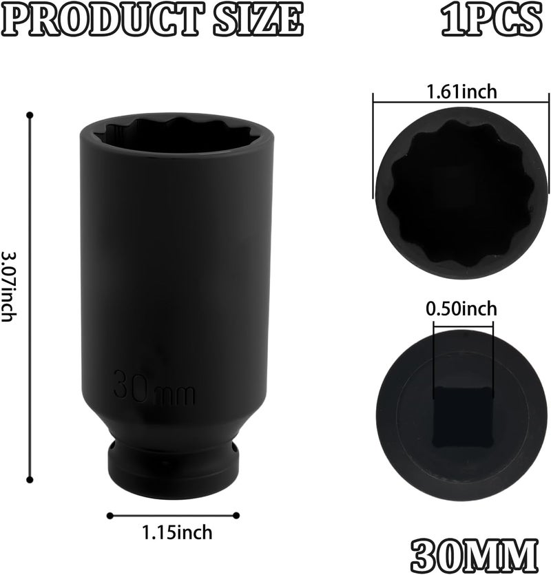Figpade 30mm Socket 1/2 Drive,30mm 12 Point Axle Nut Socket for Quick Dismantling Axle Shaft Nuts,Professional 30 mm Sockets Deep Impact Sockets Set 1/2 Drive Automotive Tools - Image 2
